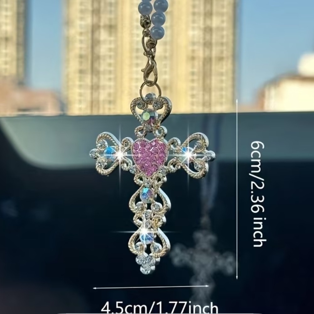 New Pink and Gold Pearl Cross Car Mirror Charm